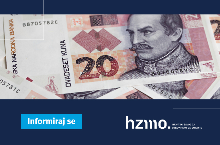 Ilustracija prikazuje novčanice od dvadeset kuna koje su nabacane jedna preko druge. Logo HZMO-a i natpis informiraj se prikazani su na dnu ilustracije.