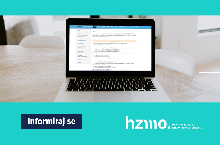 Ilustracija prikazuje prijenosno računalo s otvorenom internetskom stranicom, na radnom stolu. Logo HZMO-a i natpis