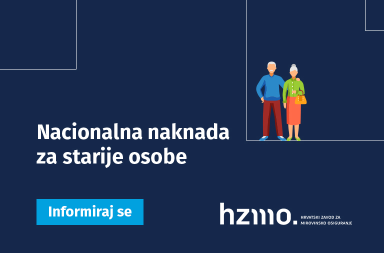 Ilustracija prikazuje ilustraciju muške i ženske osobe, s natpisom Nacionalna naknada za starije osobe. Logo HZMO-a i natpis 