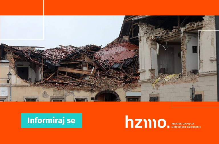 Ilustracija prikazuje u potresu oštećenu zgradu. Logo HZMO-a i natpis 
