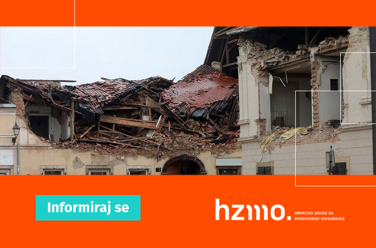 Ilustracija prikazuje u potresu oštećenu zgradu. Logo HZMO-a i natpis