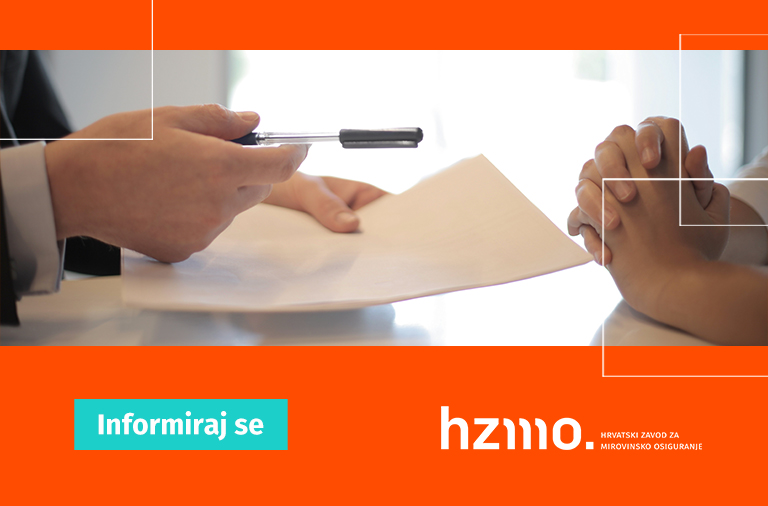 Ilustracija prikazuje ruke dviju osoba, jedna drži u lijevoj ruci papire, a u desnoj olovku. Logo HZMO-a i natpis 