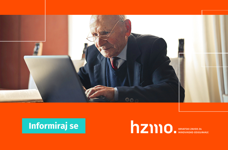Ilustracija prikazuje mušku osobu starije životne dobi koja radi na prijenosnom računalu. Logo HZMO-a i natpis