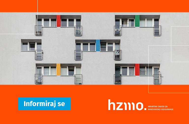 Ilustracija prikazuje pogled na fasadu jednog dijela stambene zgrade. Na ilustraciji se nalaze prozori s malim francuskim balkonima. Logo HZMO-a i natpis