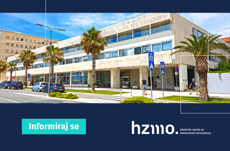 Ilustracija prikazuje poslovnu zgradu u kojoj je smještena Područna služba u Splitu. Logo HZMO-a i natpis 