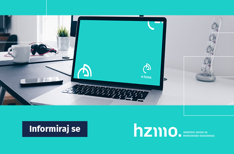 Ilustracija prikazuje prijenosno računalo na radnome stolu s vizualizacijom elektroničke usluge na ekranu računala. Logo HZMO-a i natpis
