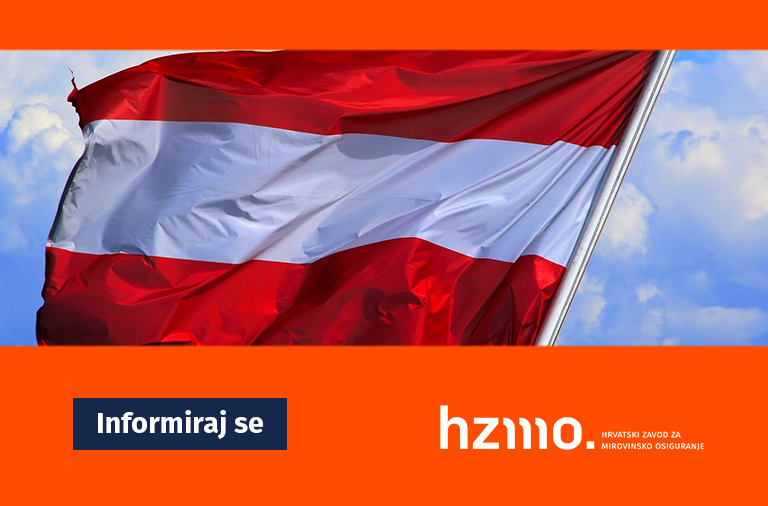 Ilustracija prikazuje austrijsku nacionalnu zastavu. Logo HZMO-a i natpis 