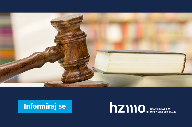Slika prikazuje pravosudni čekić unutar HZMO ilustracije plave boje.